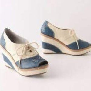 Pilcro Anthropologie platform wedge saddle shoes leather peep toe